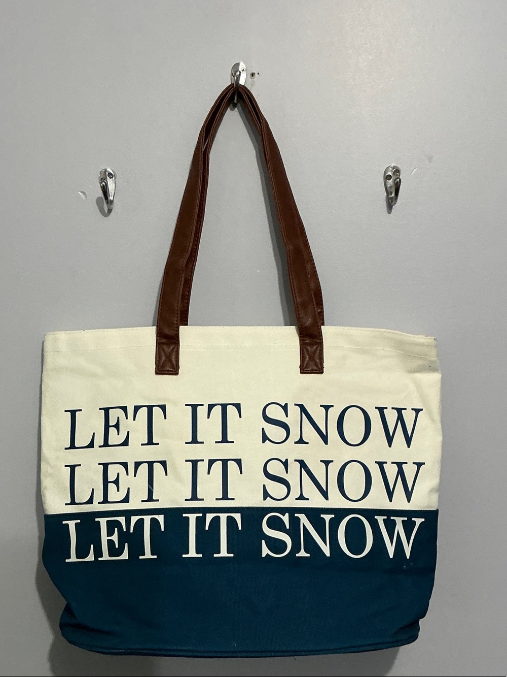 Barnes & Noble Cream and Teal 'LET IT SNOW' Canvas Tote with Brown Handles